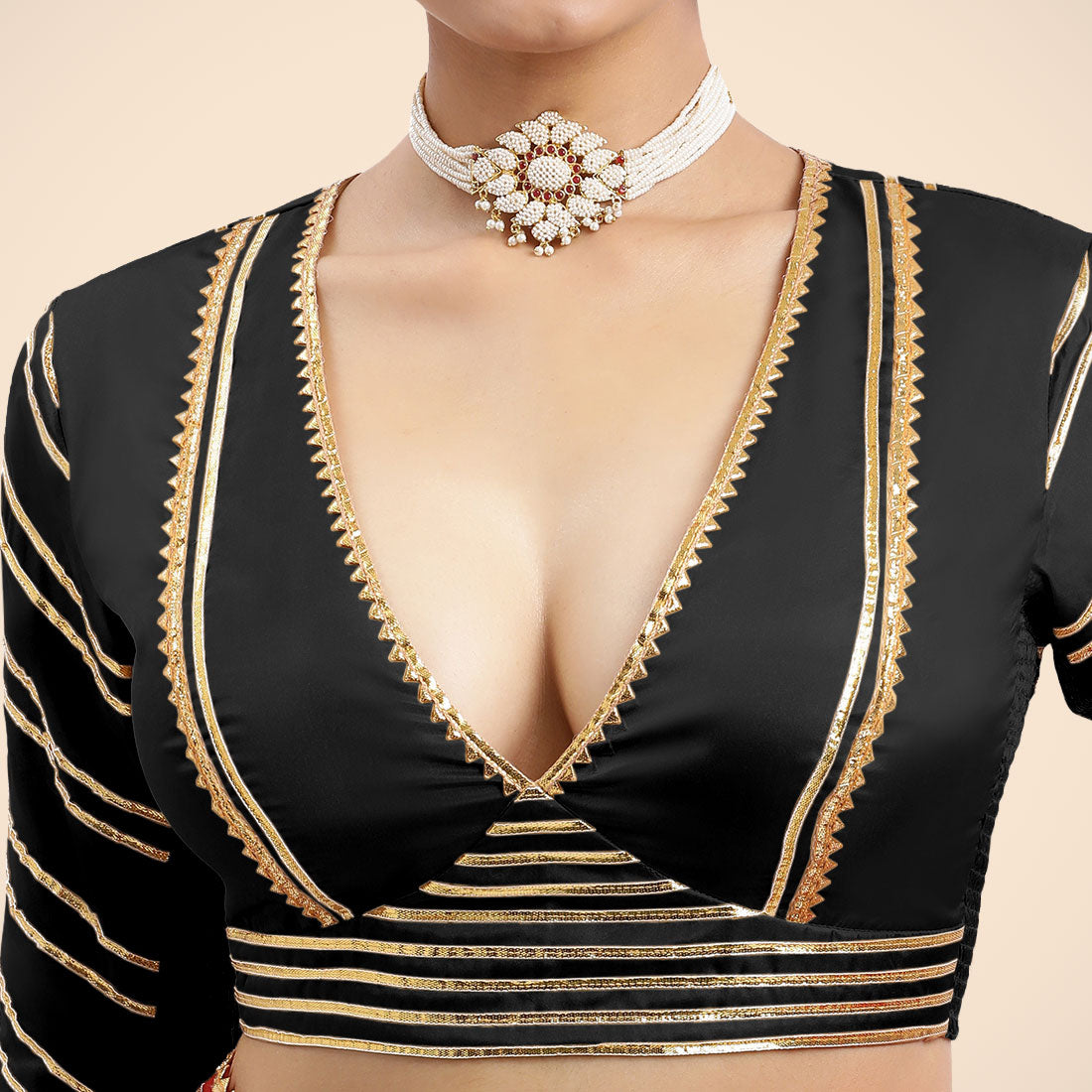 Navya x Tyohaar Saree Blouse, in Black Vegan Silk, featuring elbow sleeves and v-neckline, made for party & festive (view 5).