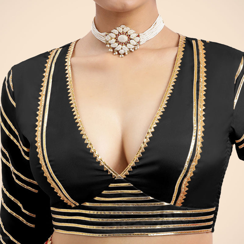 Navya x Tyohaar | Charcoal Black Elbow Sleeves FlexiFit™ Saree Blouse with Plunging V Neckline with Tasteful Golden Gota Lace-Binks