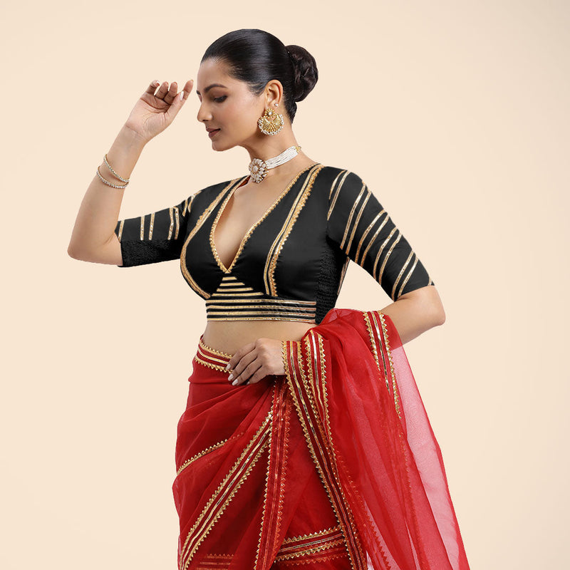 Navya x Tyohaar | Charcoal Black Elbow Sleeves FlexiFit™ Saree Blouse with Plunging V Neckline with Tasteful Golden Gota Lace-Binks