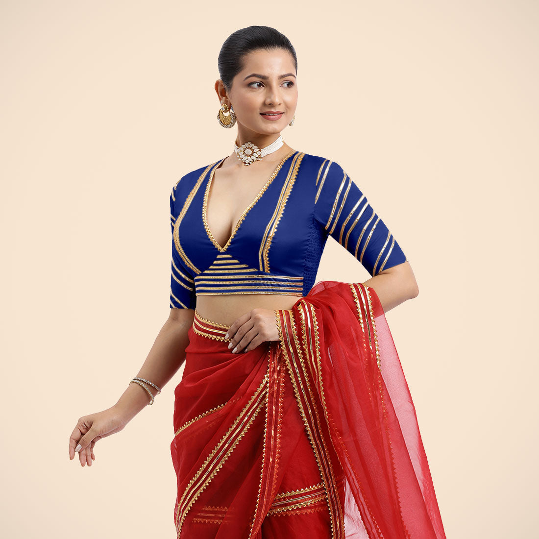 Navya x Tyohaar Saree Blouse, in Blue Vegan Silk, featuring elbow sleeves and v-neckline, made for party & festive (view 5).