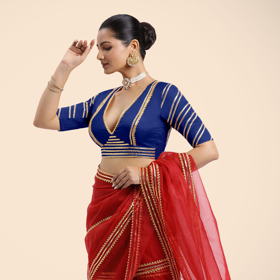 Navya x Tyohaar Saree Blouse, in Blue Vegan Silk, featuring elbow sleeves and v-neckline, made for party & festive (view 6).