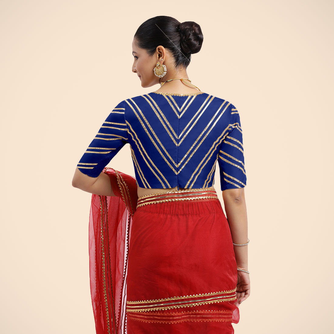 Navya x Tyohaar Saree Blouse, in Blue Vegan Silk, featuring elbow sleeves and v-neckline, made for party & festive (view 8).