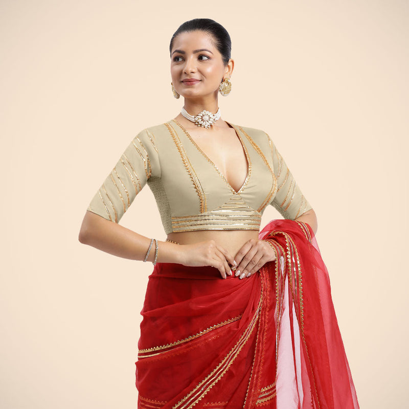 Navya x Tyohaar | Cream Elbow Sleeves FlexiFit™ Saree Blouse with Plunging V Neckline with Tasteful Golden Gota Lace-Binks