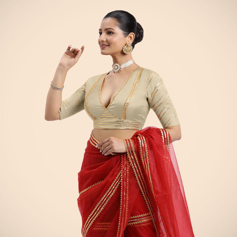 Navya x Tyohaar | Cream Elbow Sleeves FlexiFit™ Saree Blouse with Plunging V Neckline with Tasteful Golden Gota Lace-Binks