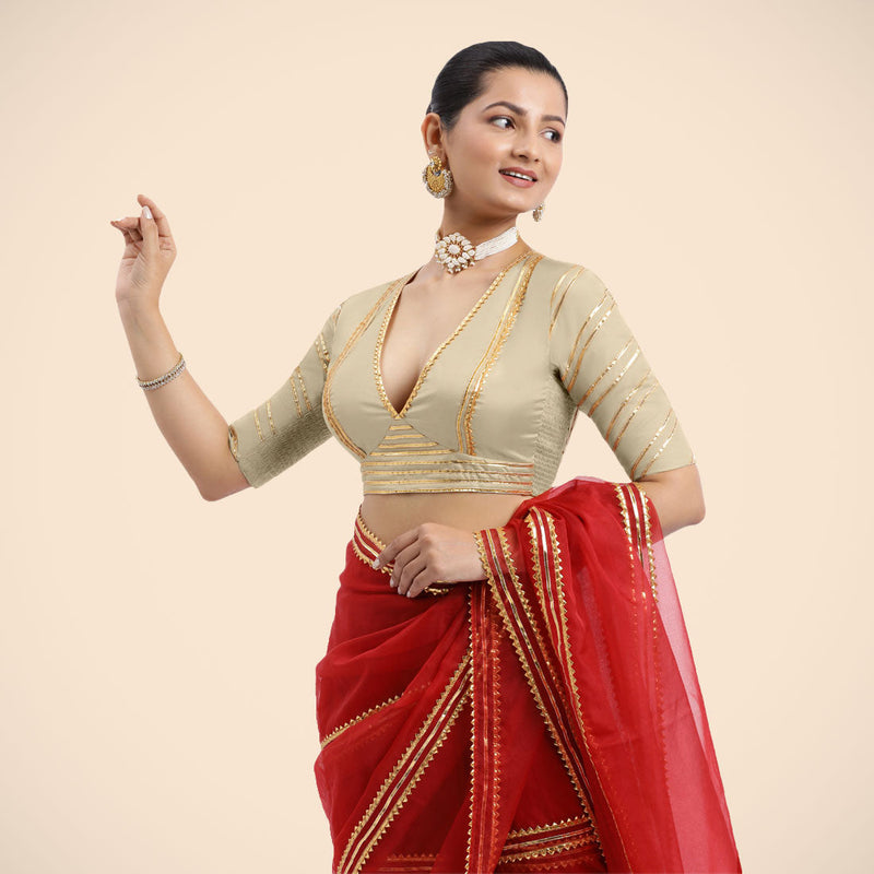 Navya x Tyohaar | Cream Elbow Sleeves FlexiFit™ Saree Blouse with Plunging V Neckline with Tasteful Golden Gota Lace-Binks