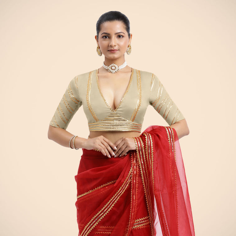 Navya x Tyohaar Saree Blouse, in Cream Vegan Silk, featuring elbow sleeves and v-neckline, made for party & festive (view 3).