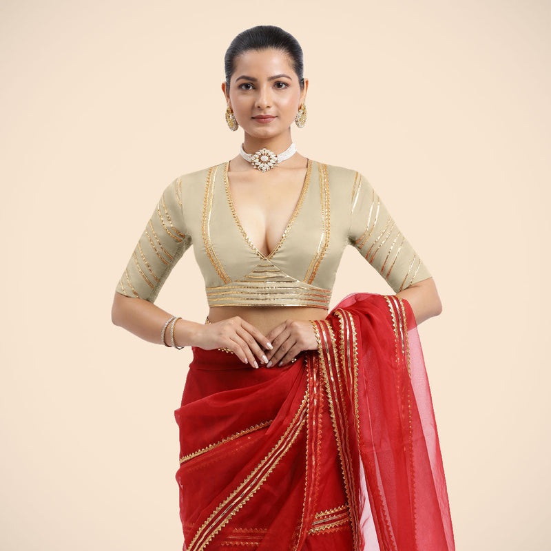 Navya x Tyohaar | Cream Elbow Sleeves FlexiFit™ Saree Blouse with Plunging V Neckline with Tasteful Golden Gota Lace-Binks