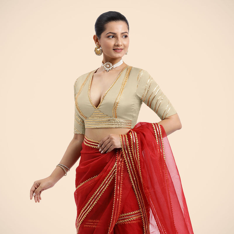 Navya x Tyohaar | Cream Elbow Sleeves FlexiFit™ Saree Blouse with Plunging V Neckline with Tasteful Golden Gota Lace-Binks
