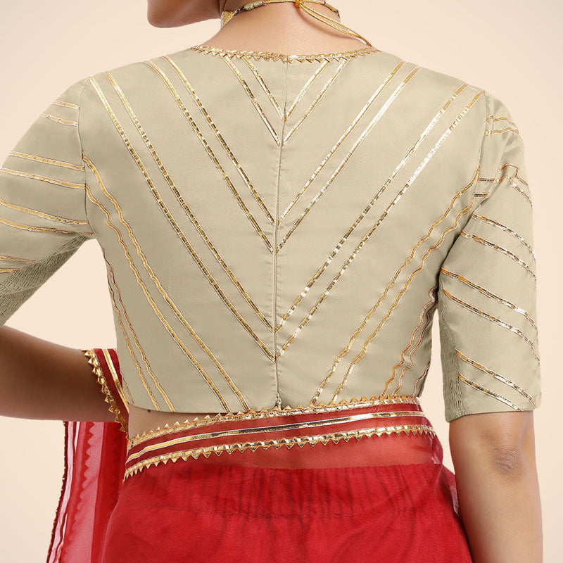 Navya x Tyohaar | Cream Elbow Sleeves FlexiFit™ Saree Blouse with Plunging V Neckline with Tasteful Golden Gota Lace-Binks