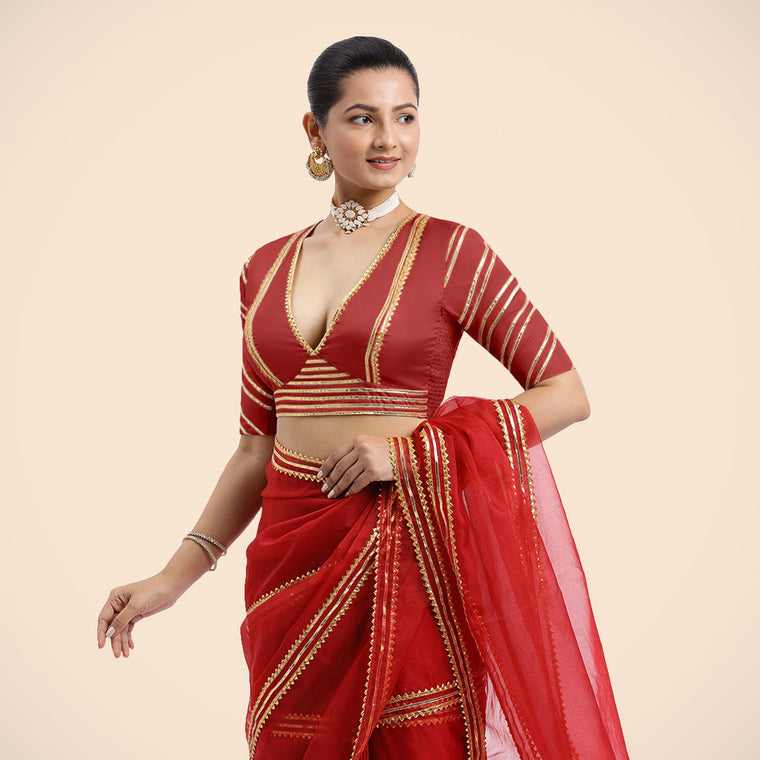 Navya x Tyohaar Saree Blouse, in Red Vegan Silk, featuring elbow sleeves and v-neckline, made for party & festive.