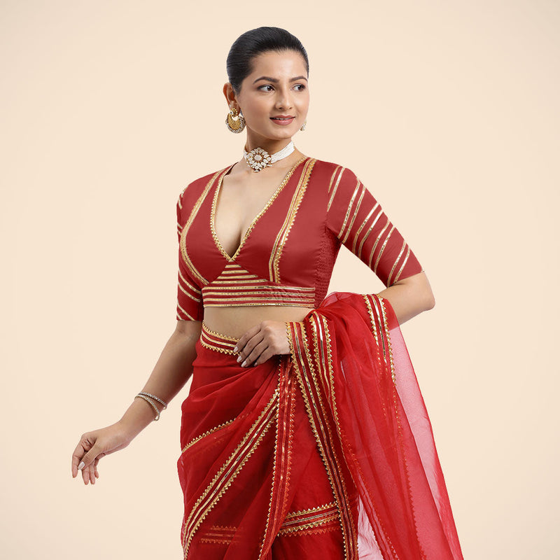 Navya x Tyohaar | Crimson Red Elbow Sleeves FlexiFit™ Saree Blouse with Plunging V Neckline with Tasteful Golden Gota Lace-Binks