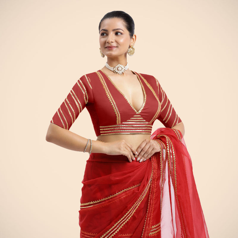 Navya x Tyohaar | Crimson Red Elbow Sleeves FlexiFit™ Saree Blouse with Plunging V Neckline with Tasteful Golden Gota Lace-Binks