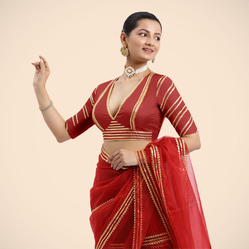 Navya x Tyohaar | Crimson Red Elbow Sleeves FlexiFit™ Saree Blouse with Plunging V Neckline with Tasteful Golden Gota Lace-Binks