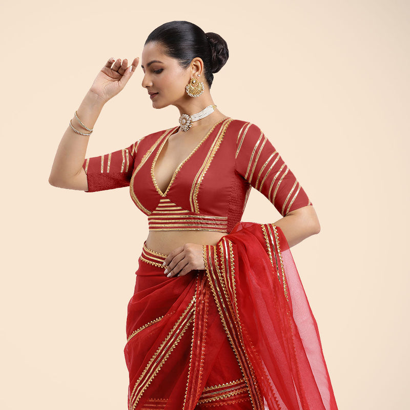 Navya x Tyohaar | Crimson Red Elbow Sleeves FlexiFit™ Saree Blouse with Plunging V Neckline with Tasteful Golden Gota Lace-Binks