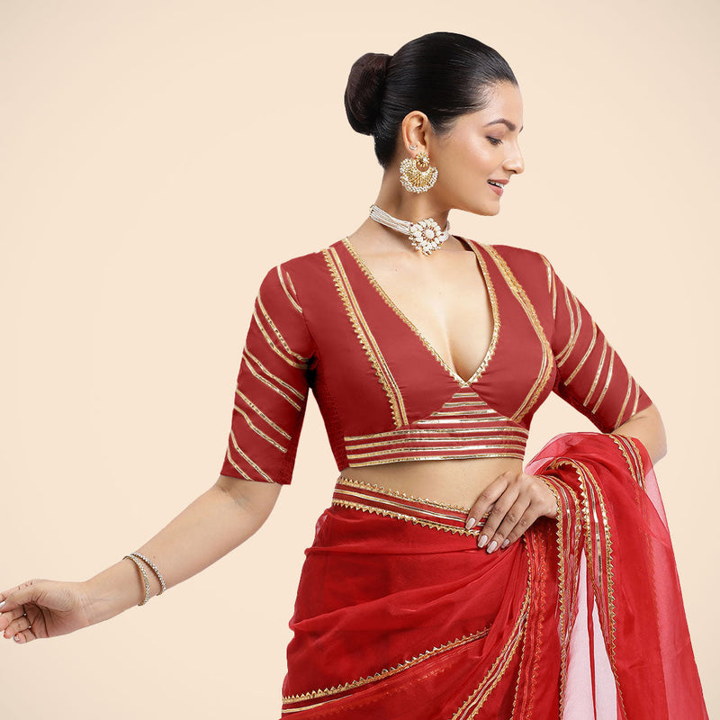Navya x Tyohaar | Crimson Red Elbow Sleeves FlexiFit™ Saree Blouse with Plunging V Neckline with Tasteful Golden Gota Lace-Binks