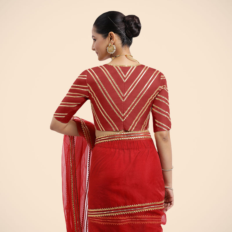 Navya x Tyohaar | Crimson Red Elbow Sleeves FlexiFit™ Saree Blouse with Plunging V Neckline with Tasteful Golden Gota Lace-Binks