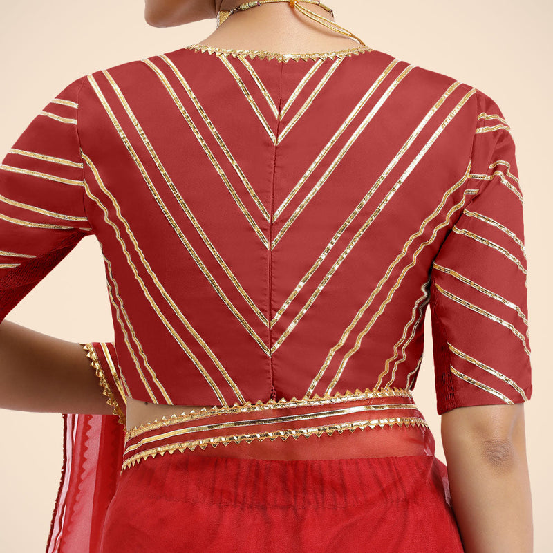 Navya x Tyohaar | Crimson Red Elbow Sleeves FlexiFit™ Saree Blouse with Plunging V Neckline with Tasteful Golden Gota Lace-Binks