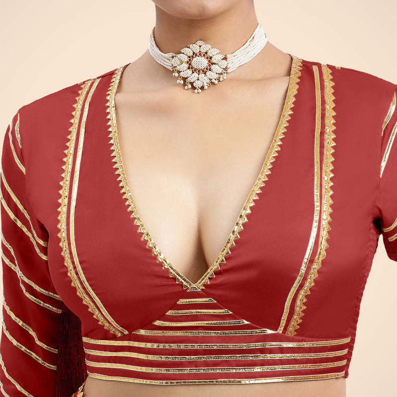 Navya x Tyohaar | Crimson Red Elbow Sleeves FlexiFit™ Saree Blouse with Plunging V Neckline with Tasteful Golden Gota Lace-Binks