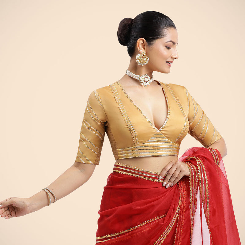 Navya x Tyohaar | Gold Elbow Sleeves FlexiFit™ Saree Blouse with Plunging V Neckline with Tasteful Golden Gota Lace-Binks