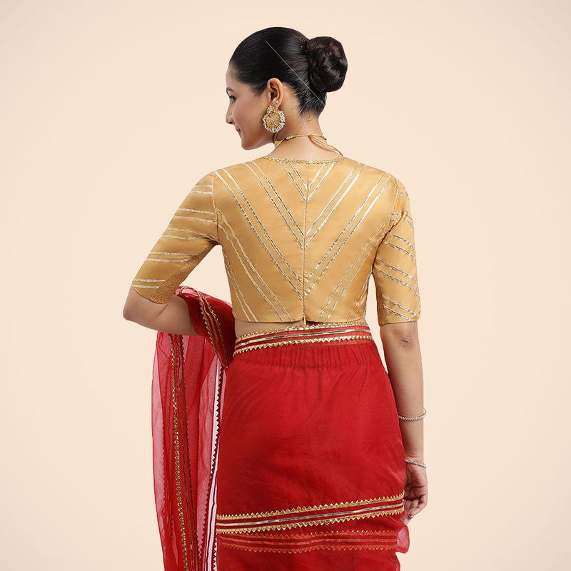 Navya x Tyohaar | Gold Elbow Sleeves FlexiFit™ Saree Blouse with Plunging V Neckline with Tasteful Golden Gota Lace-Binks