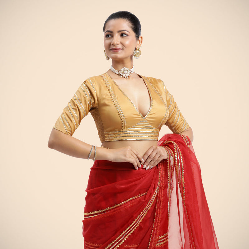 Navya x Tyohaar | Gold Elbow Sleeves FlexiFit™ Saree Blouse with Plunging V Neckline with Tasteful Golden Gota Lace-Binks