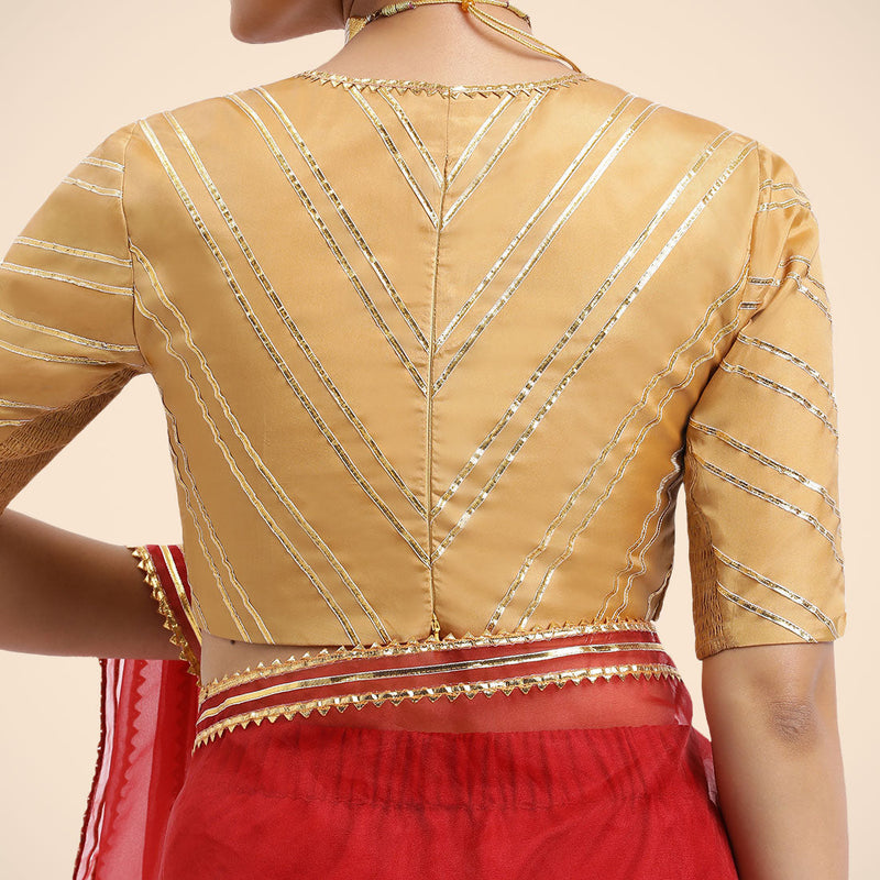 Navya x Tyohaar | Gold Elbow Sleeves FlexiFit™ Saree Blouse with Plunging V Neckline with Tasteful Golden Gota Lace-Binks