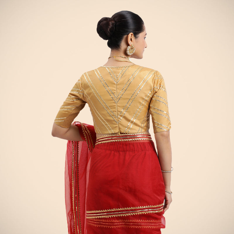 Navya x Tyohaar | Gold Elbow Sleeves FlexiFit™ Saree Blouse with Plunging V Neckline with Tasteful Golden Gota Lace-Binks