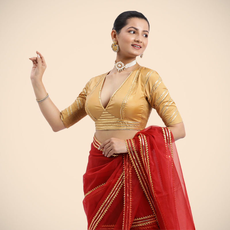 Navya x Tyohaar | Gold Elbow Sleeves FlexiFit™ Saree Blouse with Plunging V Neckline with Tasteful Golden Gota Lace-Binks