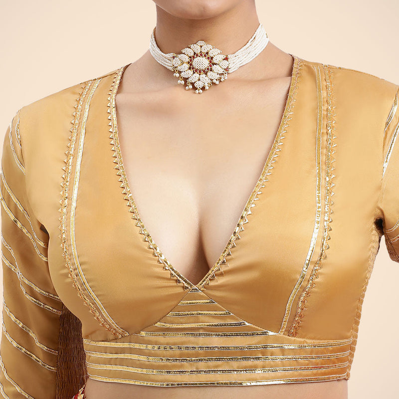 Navya x Tyohaar | Gold Elbow Sleeves FlexiFit™ Saree Blouse with Plunging V Neckline with Tasteful Golden Gota Lace-Binks