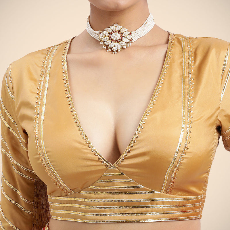 Navya x Tyohaar | Gold Elbow Sleeves FlexiFit™ Saree Blouse with Plunging V Neckline with Tasteful Golden Gota Lace-Binks