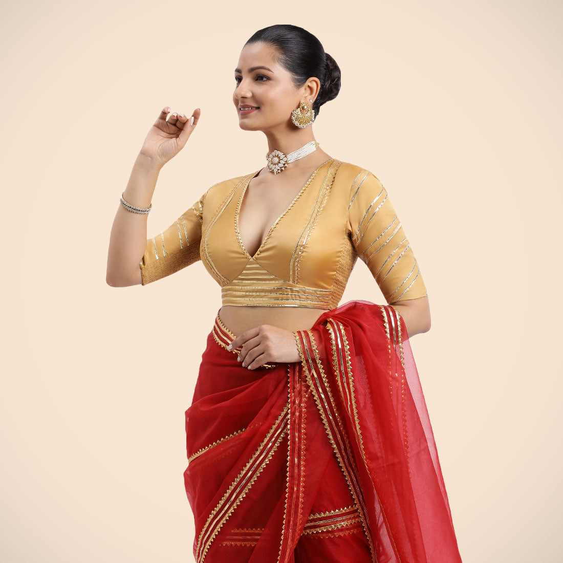 Navya x Tyohaar Saree Blouse, in Gold Vegan Silk, featuring elbow sleeves and v-neckline, made for party & festive (view 4).
