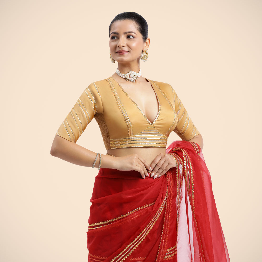 Navya x Tyohaar Saree Blouse, in Gold Vegan Silk, featuring elbow sleeves and v-neckline, made for party & festive (view 5).
