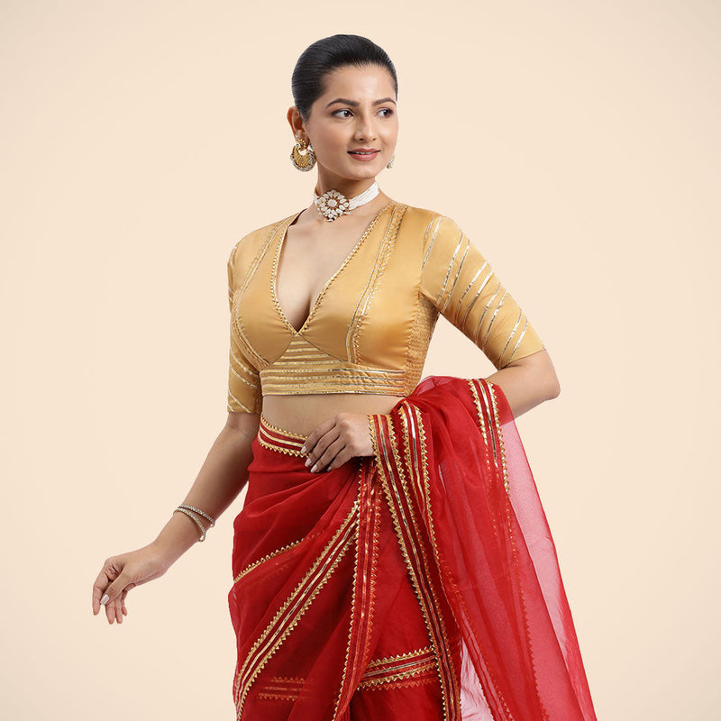 Navya x Tyohaar | Gold Elbow Sleeves FlexiFit™ Saree Blouse with Plunging V Neckline with Tasteful Golden Gota Lace-Binks