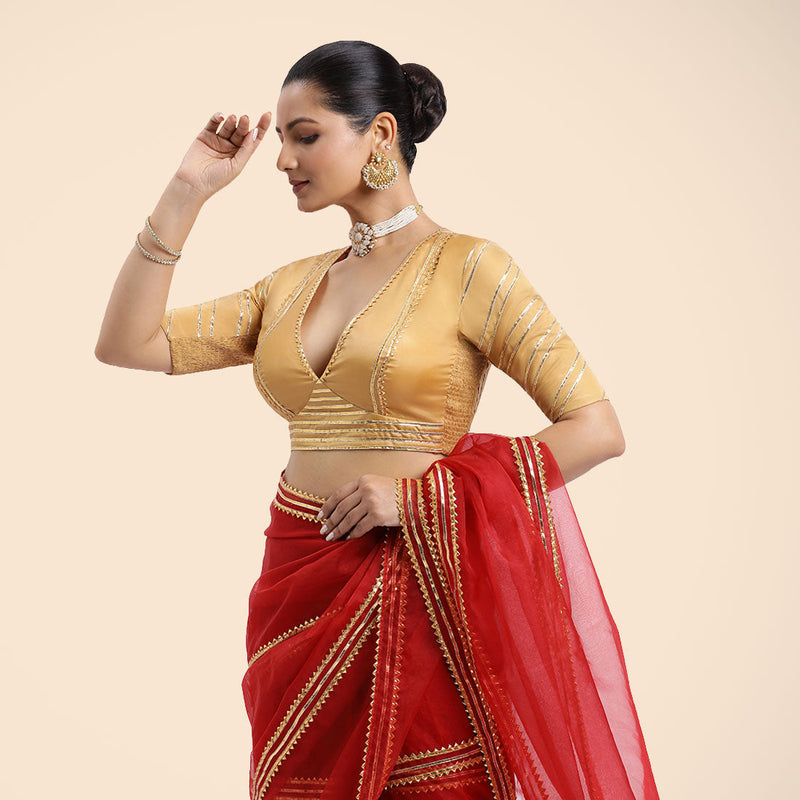 Navya x Tyohaar | Gold Elbow Sleeves FlexiFit™ Saree Blouse with Plunging V Neckline with Tasteful Golden Gota Lace-Binks