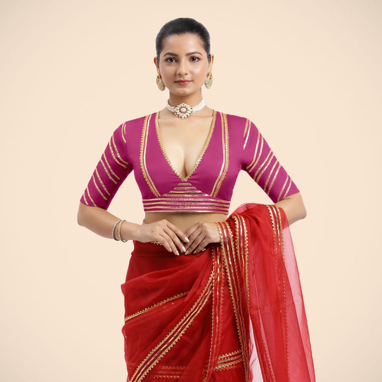 Navya x Tyohaar Saree Blouse, in Pink Vegan Silk, featuring elbow sleeves and v-neckline, made for party & festive.