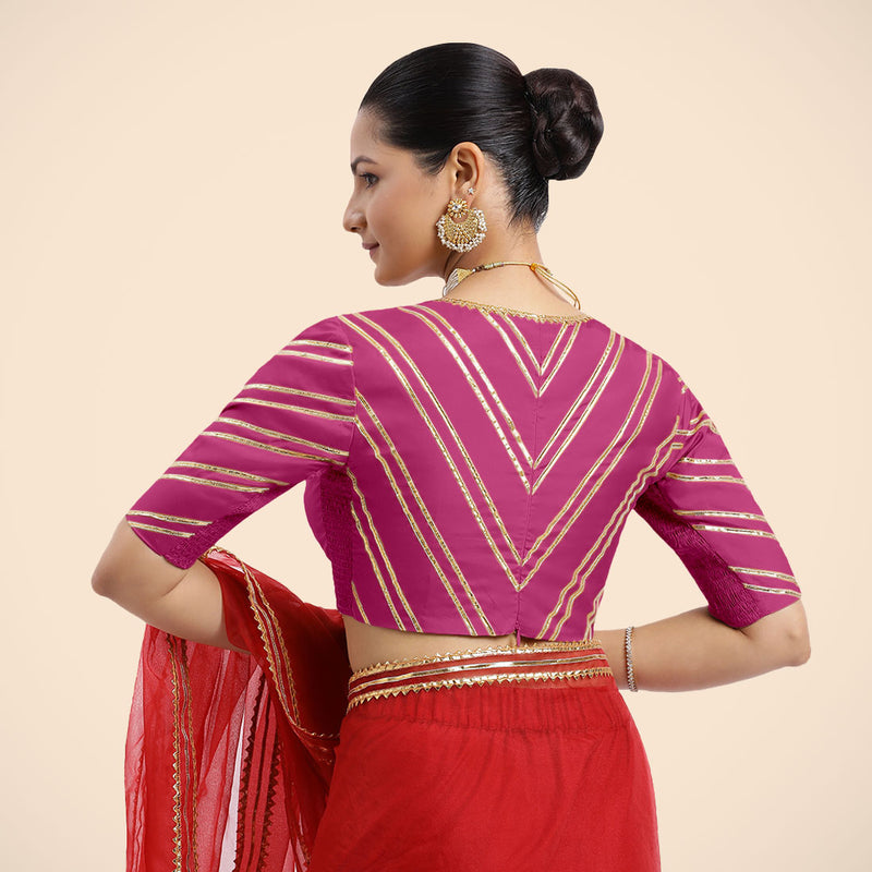 Navya x Tyohaar | Elbow Sleeves Hot Pink FlexiFit™ Gota Embellished Saree Blouse with Plunging V-Neck-Binks