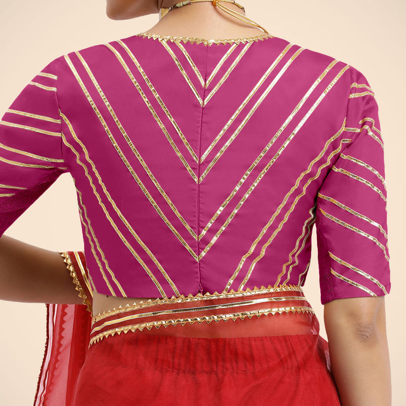 Navya x Tyohaar | Elbow Sleeves Hot Pink FlexiFit™ Gota Embellished Saree Blouse with Plunging V-Neck-Binks