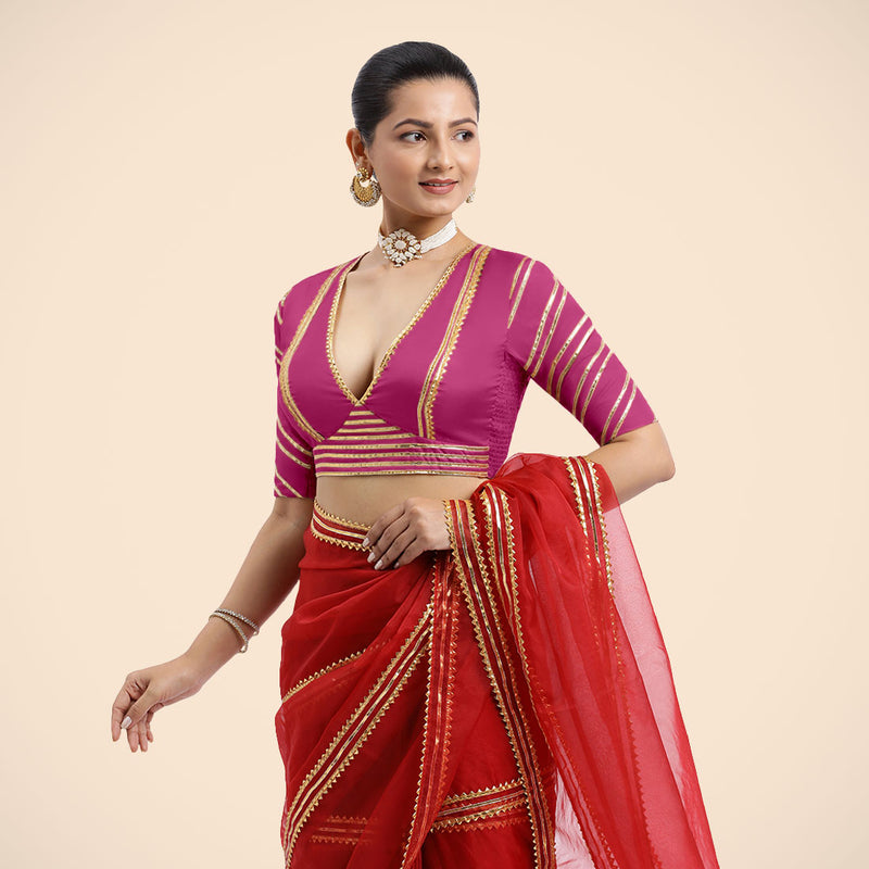 Navya x Tyohaar | Elbow Sleeves Hot Pink FlexiFit™ Gota Embellished Saree Blouse with Plunging V-Neck-Binks