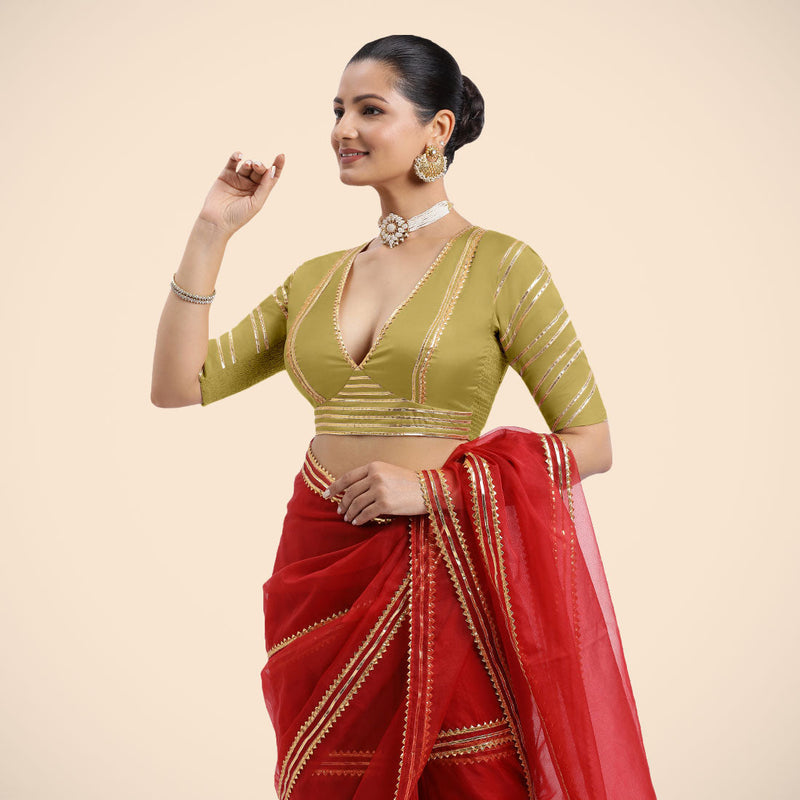 Navya x Tyohaar | Lemon Yellow Elbow Sleeves FlexiFit™ Saree Blouse with Plunging V Neckline with Tasteful Golden Gota Lace-Binks