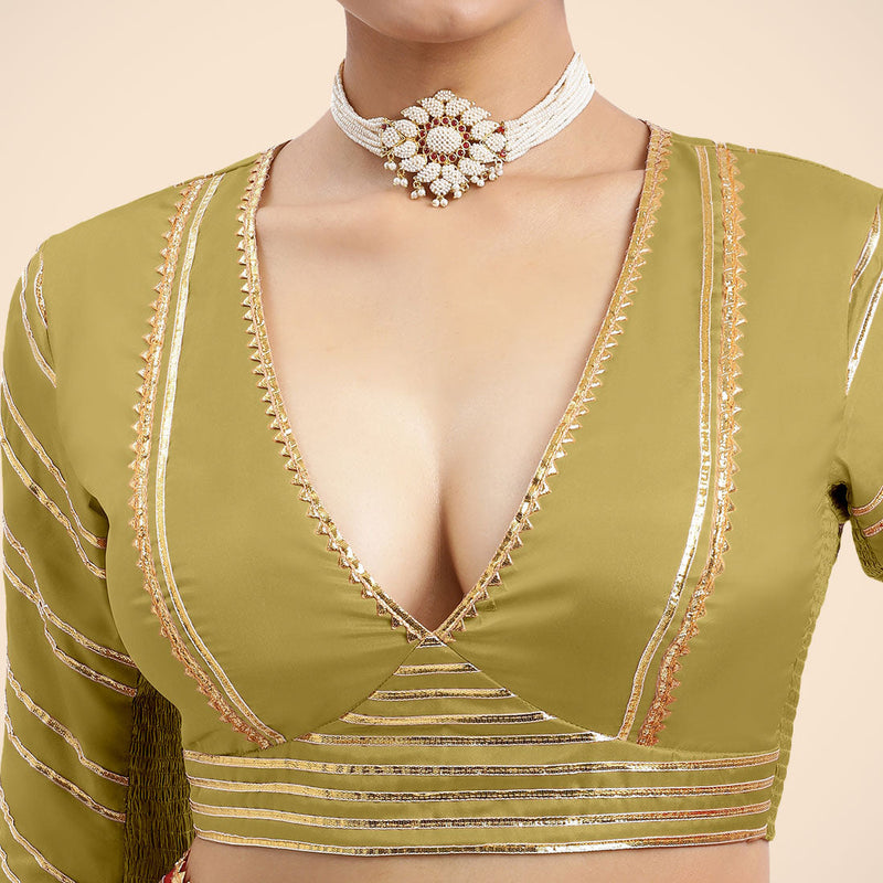 Navya x Tyohaar | Lemon Yellow Elbow Sleeves FlexiFit™ Saree Blouse with Plunging V Neckline with Tasteful Golden Gota Lace-Binks