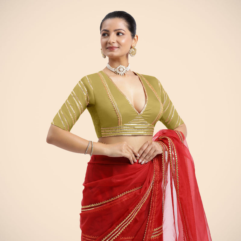 Navya x Tyohaar | Lemon Yellow Elbow Sleeves FlexiFit™ Saree Blouse with Plunging V Neckline with Tasteful Golden Gota Lace-Binks