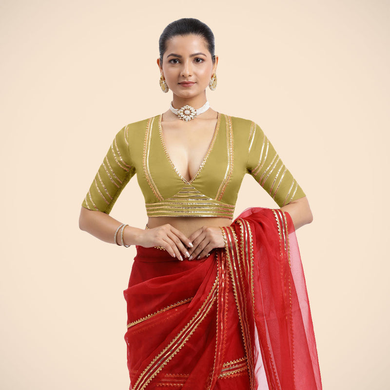 Navya x Tyohaar | Lemon Yellow Elbow Sleeves FlexiFit™ Saree Blouse with Plunging V Neckline with Tasteful Golden Gota Lace-Binks