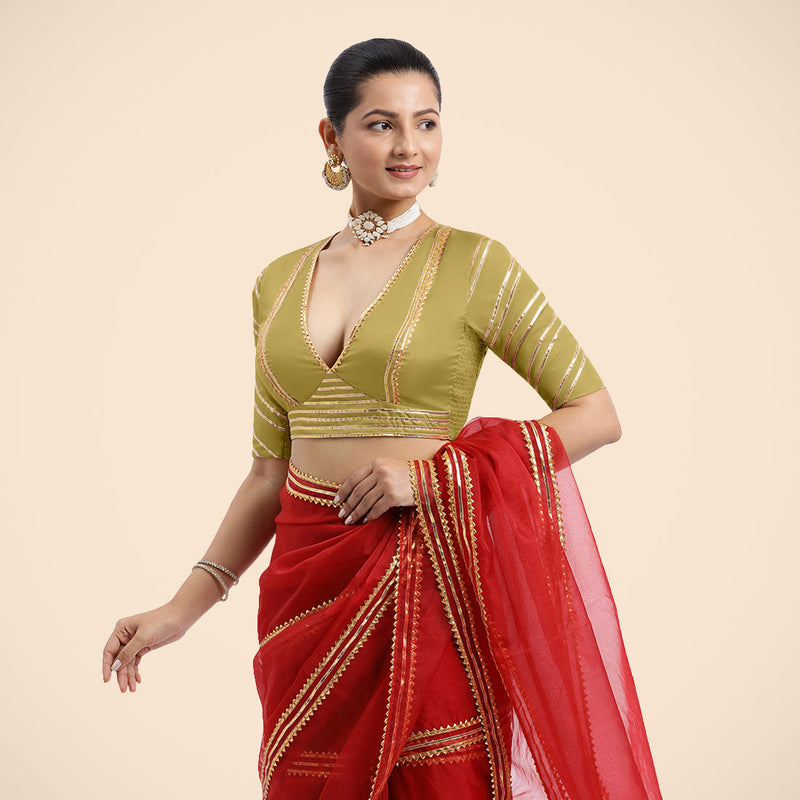 Navya x Tyohaar | Lemon Yellow Elbow Sleeves FlexiFit™ Saree Blouse with Plunging V Neckline with Tasteful Golden Gota Lace-Binks