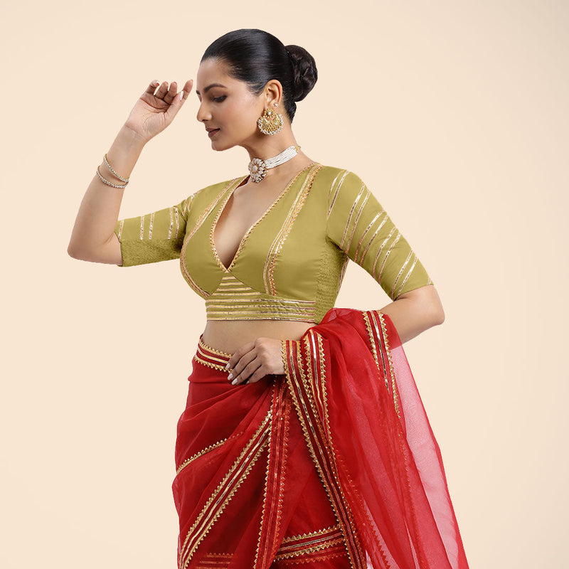 Navya x Tyohaar | Lemon Yellow Elbow Sleeves FlexiFit™ Saree Blouse with Plunging V Neckline with Tasteful Golden Gota Lace-Binks