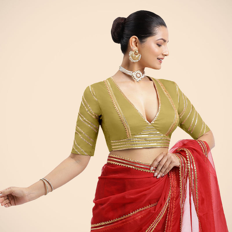 Navya x Tyohaar | Lemon Yellow Elbow Sleeves FlexiFit™ Saree Blouse with Plunging V Neckline with Tasteful Golden Gota Lace-Binks