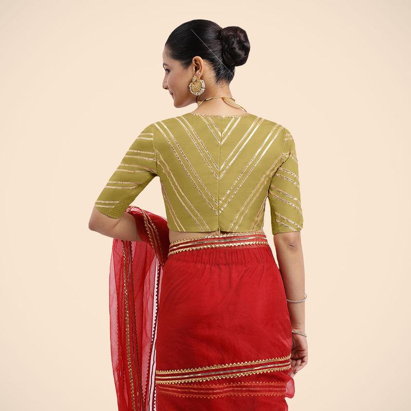 Navya x Tyohaar | Lemon Yellow Elbow Sleeves FlexiFit™ Saree Blouse with Plunging V Neckline with Tasteful Golden Gota Lace-Binks