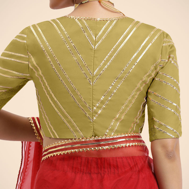 Navya x Tyohaar | Lemon Yellow Elbow Sleeves FlexiFit™ Saree Blouse with Plunging V Neckline with Tasteful Golden Gota Lace-Binks