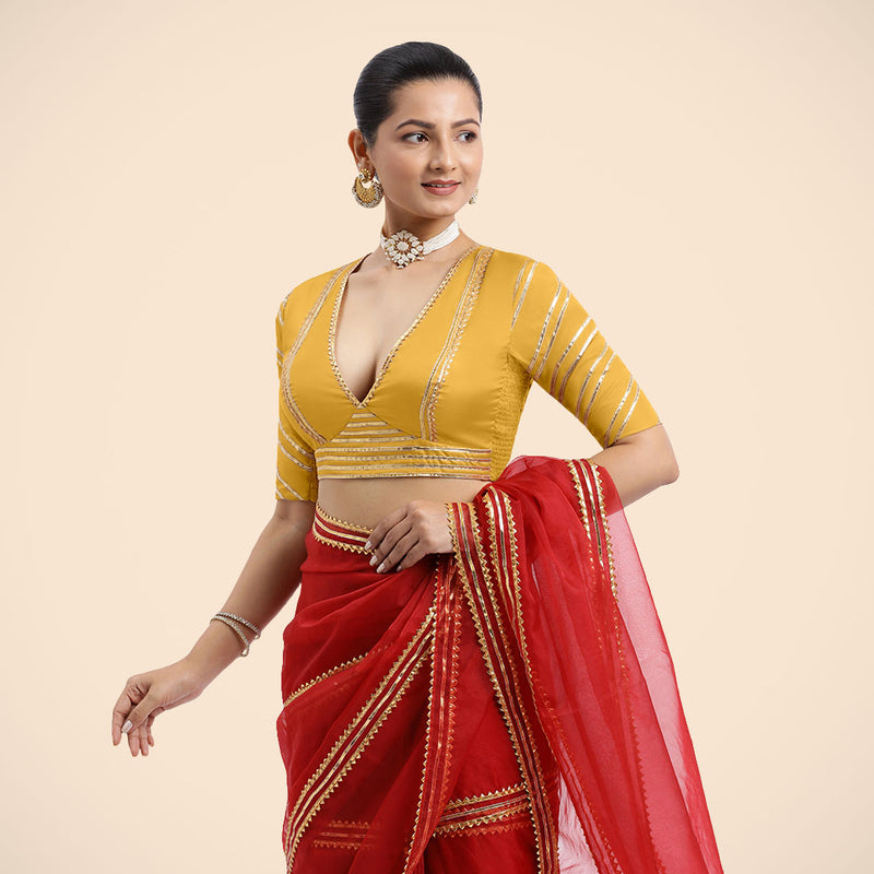 Navya x Tyohaar | Elbow Sleeves Marigold Yellow FlexiFit™ Gota Embellished Saree Blouse with Plunging V-Neck-Binks