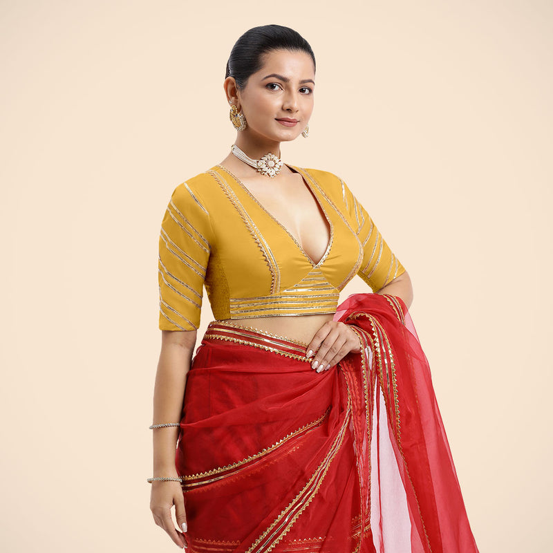 Navya x Tyohaar | Elbow Sleeves Marigold Yellow FlexiFit™ Gota Embellished Saree Blouse with Plunging V-Neck-Binks