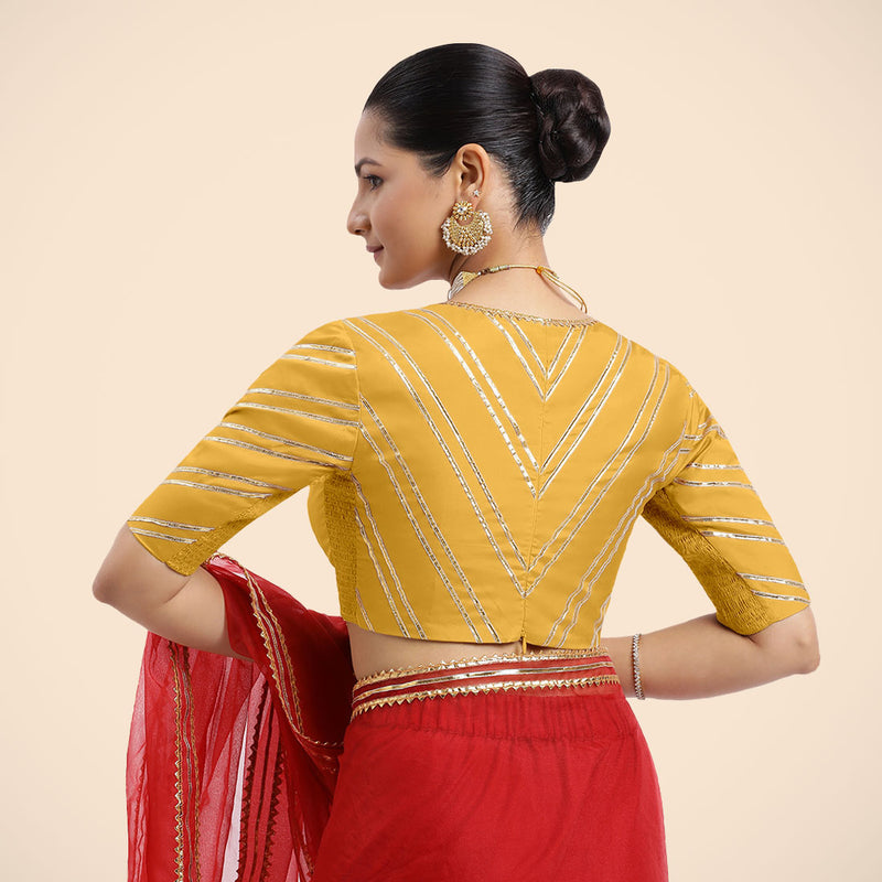 Navya x Tyohaar | Elbow Sleeves Marigold Yellow FlexiFit™ Gota Embellished Saree Blouse with Plunging V-Neck-Binks
